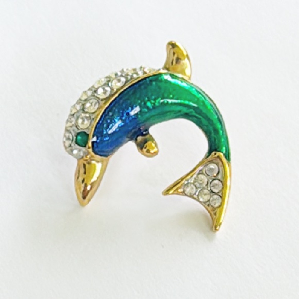 Vintage iridescent blue green gold sparkle rhinestone dolphin lapel pin